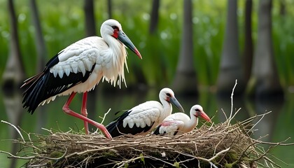 Wall Mural - Nurturing Wood Storks in their Nest Amidst Lush Swamp Habitat