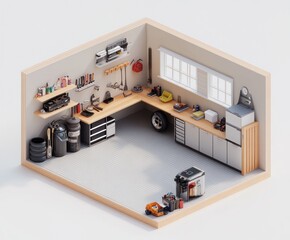 Poster - A tidy garage workspace with tools, equipment, and storage for DIY projects.