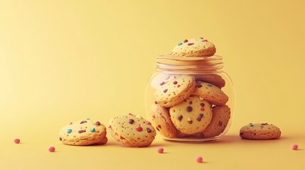 A jar filled with colorful cookies on a bright yellow background.