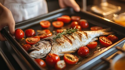 Baking dorado with tomatoes and herbs in the oven.  
The sea bass is done and ready to eat. 
A girl is cooking fish in the kitchen.