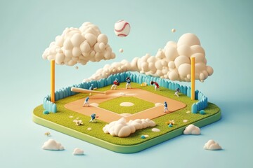 Poster - A whimsical 3D baseball scene with players, clouds, and a vibrant field.