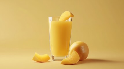 Canvas Print - A refreshing glass of yellow juice with fruit slices on a soft yellow background.