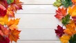 © Photorin - Autumn background with colorful maple leaves on white wood table top view, large copy text space