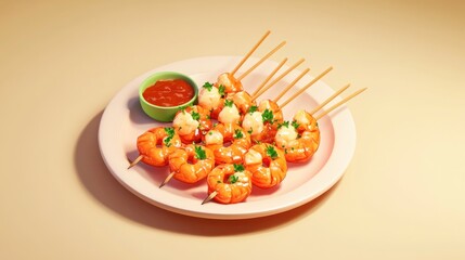 Canvas Print - A plate of shrimp skewers garnished with herbs and served with dipping sauce.