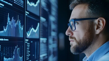 A focused individual analyzes digital data visualizations on multiple screens, showcasing trends and statistics in a high-tech environment.