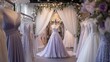 © afridwi1999 - A luxurious bridal boutique with elegant purple wedding gowns on display.