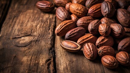 roasted cocoa cacao beans on wooden background