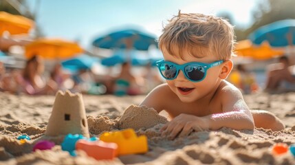 Child building sandcastle on the beach, enjoying summer vacation at the beach