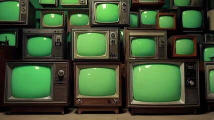 Blank green screen on retro tv sets. AI generated.