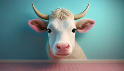 Wall Mural - A surreal 3D rendering of a cow's head emerging from a teal wall in a minimalistic room. Ideal for abstract art, quirky decor, or creative design projects.