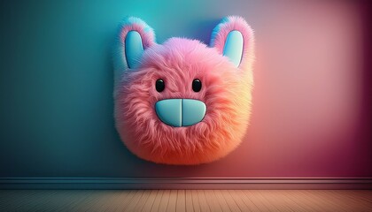 Wall Mural - A 3D rendering of a cute, fluffy pink and blue bear-llama face mounted on a wall in a pastel-colored room. Ideal for children's decor, playful design, or whimsical art projects.