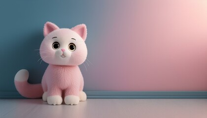 Wall Mural - A 3D rendering of an adorable, pink cartoon cat sitting in a minimalistic room with pastel teal and pink walls. Perfect for children's decor, playful art, or whimsical design projects.