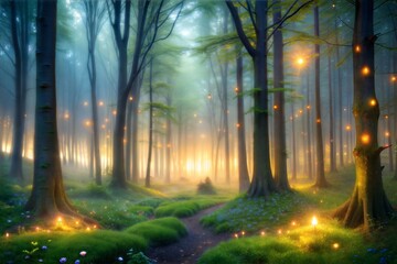 Poster - Dreamlike forest path with glowing lights