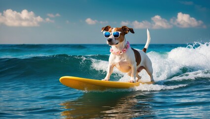 Playful dog surfing on a vibrant ocean wave, wearing sunglasses. Captures essence of summer fun and active lifestyle on the beach.