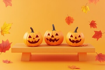 Sticker - Three smiling jack-o'-lanterns on a wooden bench with autumn leaves on an orange background.