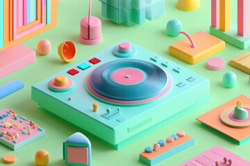 Canvas Print - A colorful 3D scene featuring a turntable and various playful geometric shapes.