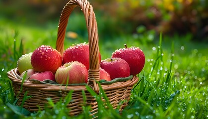 Wall Mural - Freshly Picked Organic Apples in Wicker Basket on Dewy Green Grass, Ideal for Picnics and Autumn Celebrations