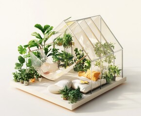 Poster - A serene glass greenhouse filled with lush plants, a hammock, and cozy seating for relaxation.