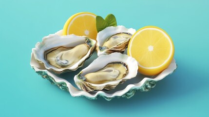 Wall Mural - A plate of fresh oysters with lemon slices, presented on a colorful background.