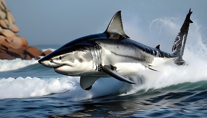 Wall Mural - Majestic Breaching Great White Shark Displaying Power in South African Waters