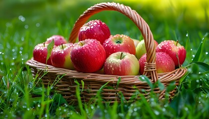 Freshly Picked Organic Apples in Wicker Basket on Dewy Green Grass, Ideal for Picnics and Autumn Celebrations