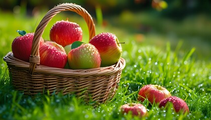 Wall Mural - Freshly Picked Organic Apples in Wicker Basket on Dewy Green Grass, Ideal for Picnics and Autumn Celebrations