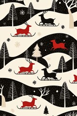 Stylized winter landscape featuring reindeer on sleds amidst snowy hills and pine trees in a festive design.