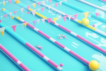 Sticker - A vibrant swimming pool scene with colorful lanes and playful decorations.