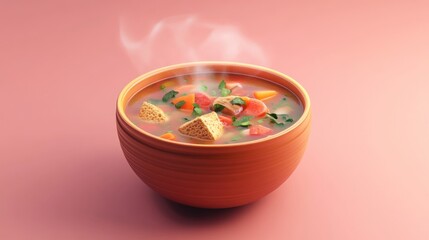 Canvas Print - A steaming bowl of vegetable soup with croutons, set against a soft pink background.