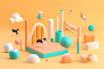 Sticker - A playful scene featuring stylized dogs and colorful geometric shapes in a vibrant setting.