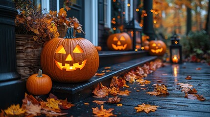 Halloween pumpkin decorations. Pumpkin for decorated house. Halloween Decorated at front yard of a American home. Halloween decorated front door with pumpkins.