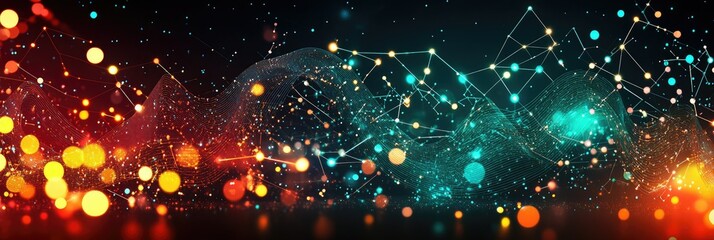 Wall Mural - Abstract digital network with glowing neon lights and geometric connections, panoramic background