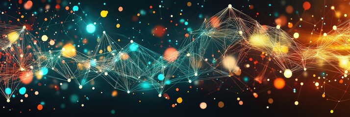 Wall Mural - Abstract digital network with glowing neon lights and geometric connections, panoramic background