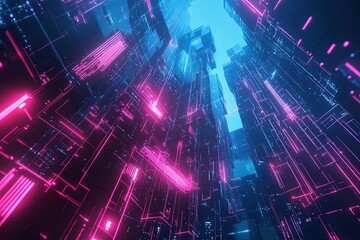 Wall Mural - Futuristic neon network connection in a digital cityscape.