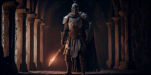 A medieval knight standing in a dark castle wearing powerful armor and a helmet holding a sword	