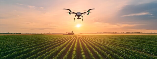 Aerial view of a sprawling farm with drone spraying crops and tractor harvesting in the distance