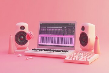 Sticker - A pink-themed music production setup featuring a laptop, speakers, and a keyboard.