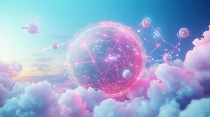 Wall Mural - a vibrant, digital globe surrounded by clouds, symbolizing connectivity and technology.