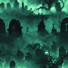 Eerie Graveyard at Night with Spooky Fog and Shadows seamless pattern