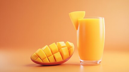 Poster - A refreshing glass of mango juice beside a bowl of fresh mango cubes on a vibrant background.