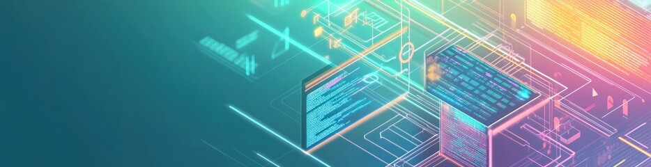 Abstract digital interface with vibrant colors and data elements.