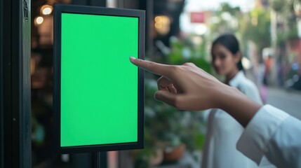 Pointing at green-screen sign in modern street setting