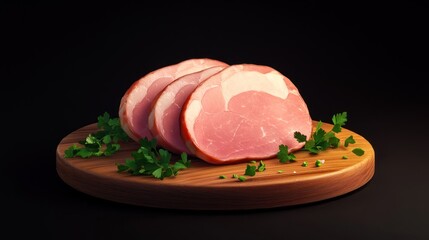 Poster - Slices of ham garnished with fresh herbs on a wooden board.