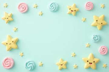 Whimsical star and swirl candy pattern on pastel background.