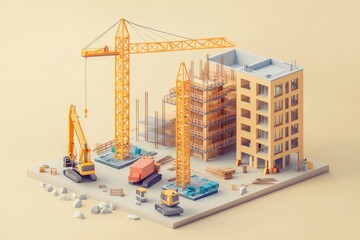 Canvas Print - A construction site featuring cranes, vehicles, and building materials in a stylized setting.