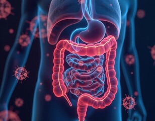 a vivid depiction of the human digestive system, highlighting the intestines and stomach in a colorf