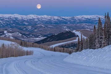 Serene moonrise snowy mountain landscape