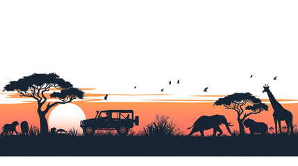 Limits of the African savanna, silhouettes of animals and people in safari vehicles against a sunset