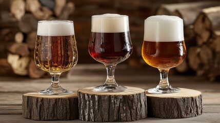 Craft beer tasting with three different ales on wood logs