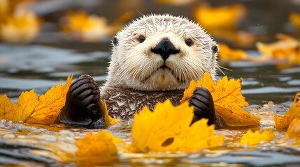 Curious sea otter surrounded by autumn leaves in tranquil water.